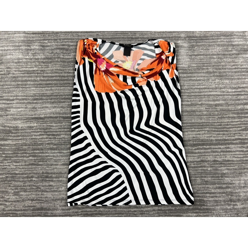 Nue Options Tank Top Womens Medium Black White Orange Floral Striped Cowl Neck‎